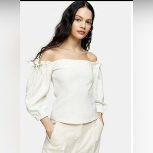 Topshop Off-Shoulder Cream White Bubble Bow Blouse size 6